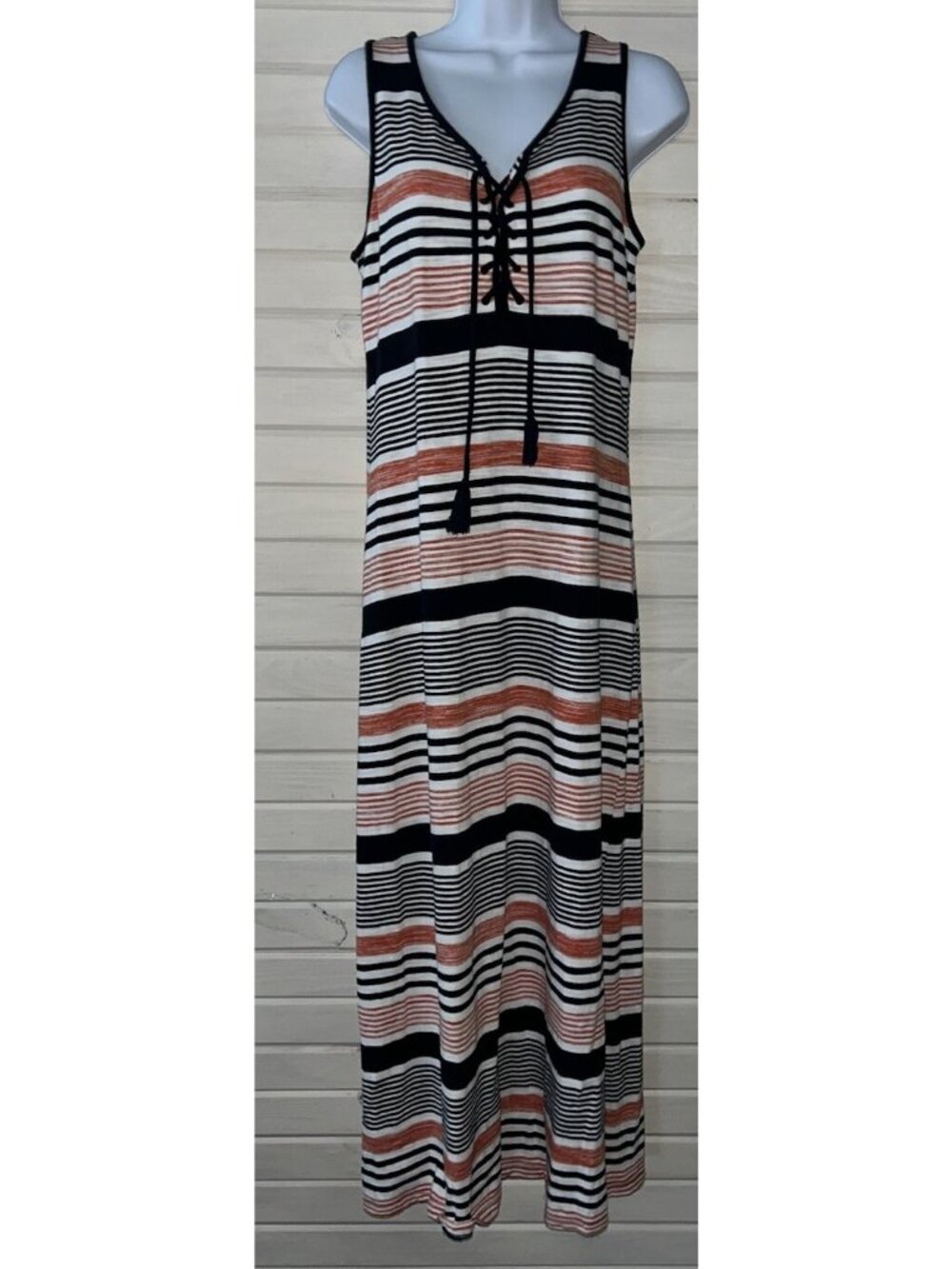 Talbots Sz MEDIUM Blue Orange Ivory Stripe Knit Dress Pullover Lace-up Neck EUC - Picture 2 of 7
